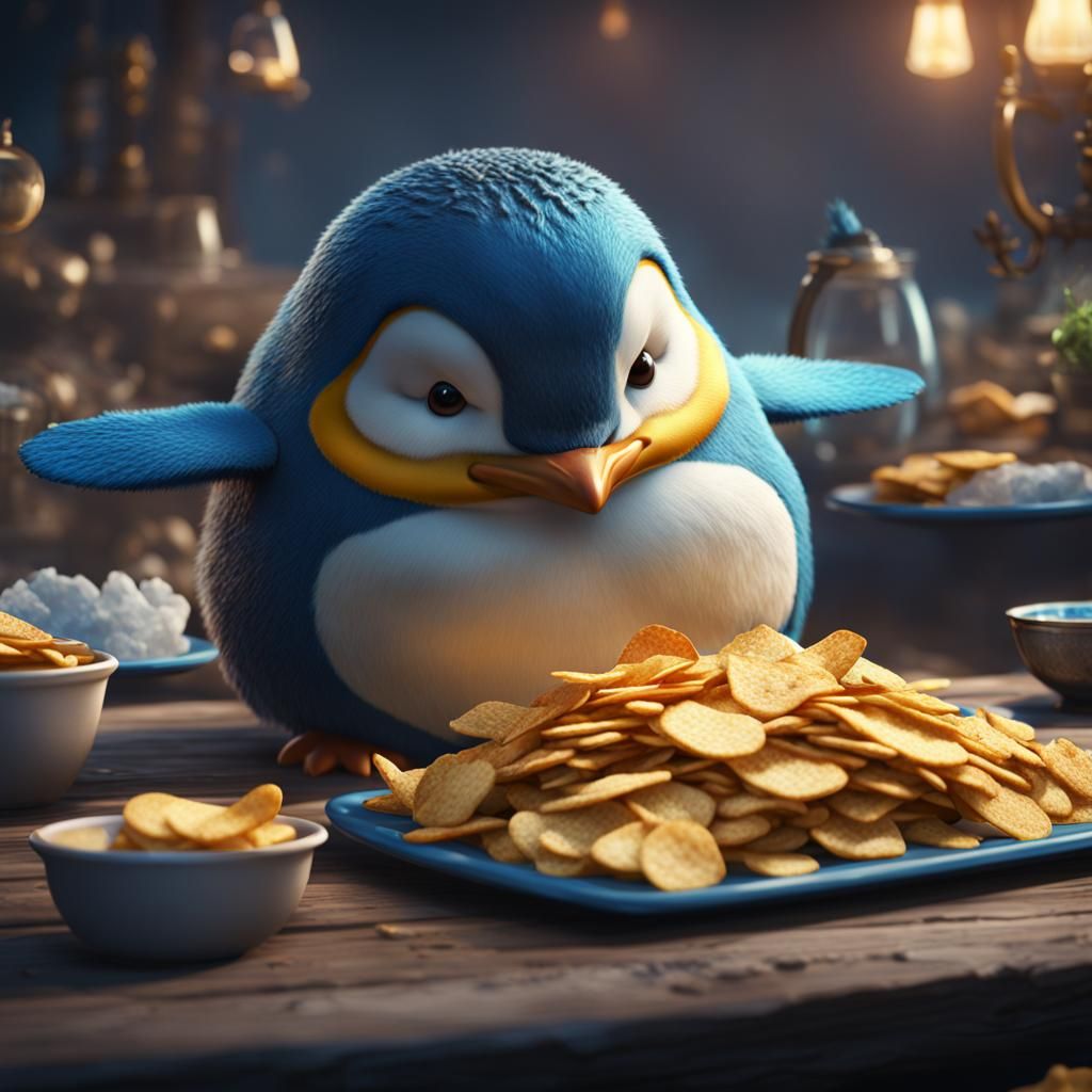 Blue Penguin Eating Chip in Detailed Matte Painting