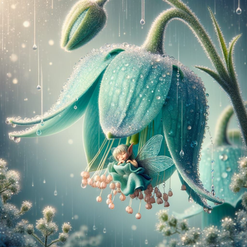 Fairy Sleeping in Bell Flower, Whimsical Winter Scene