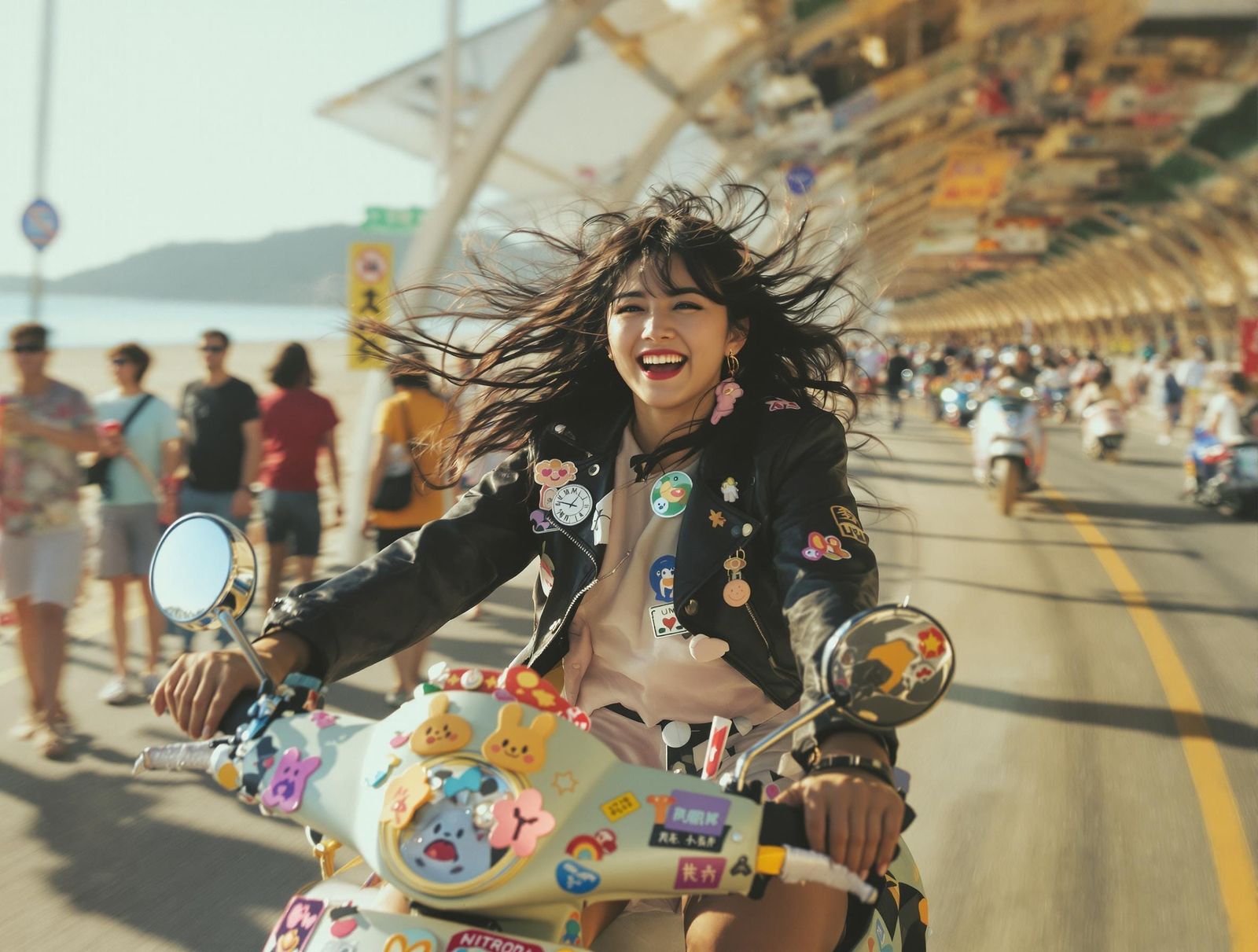 Joyful Korean Woman Rides Scooter by Beach in Tunnel