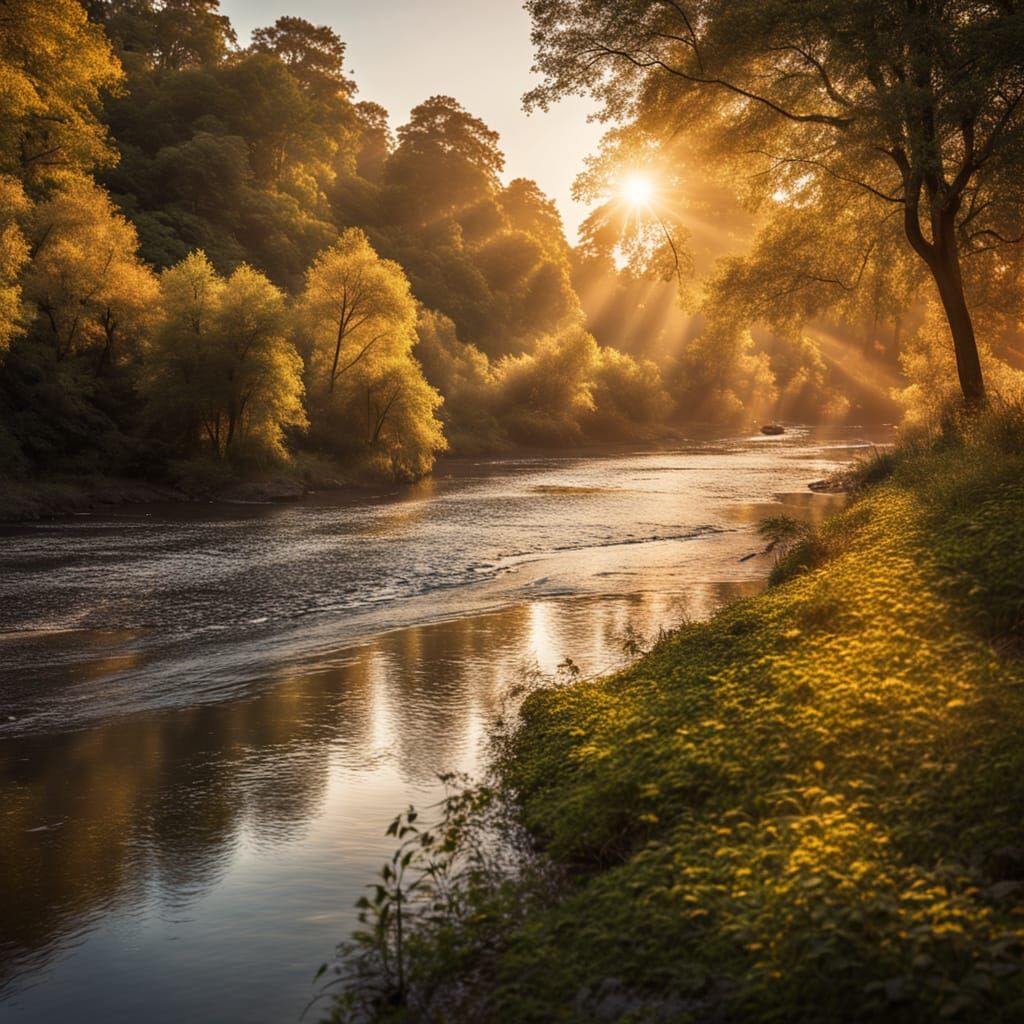 Serene River Landscape Photography at Golden Hour