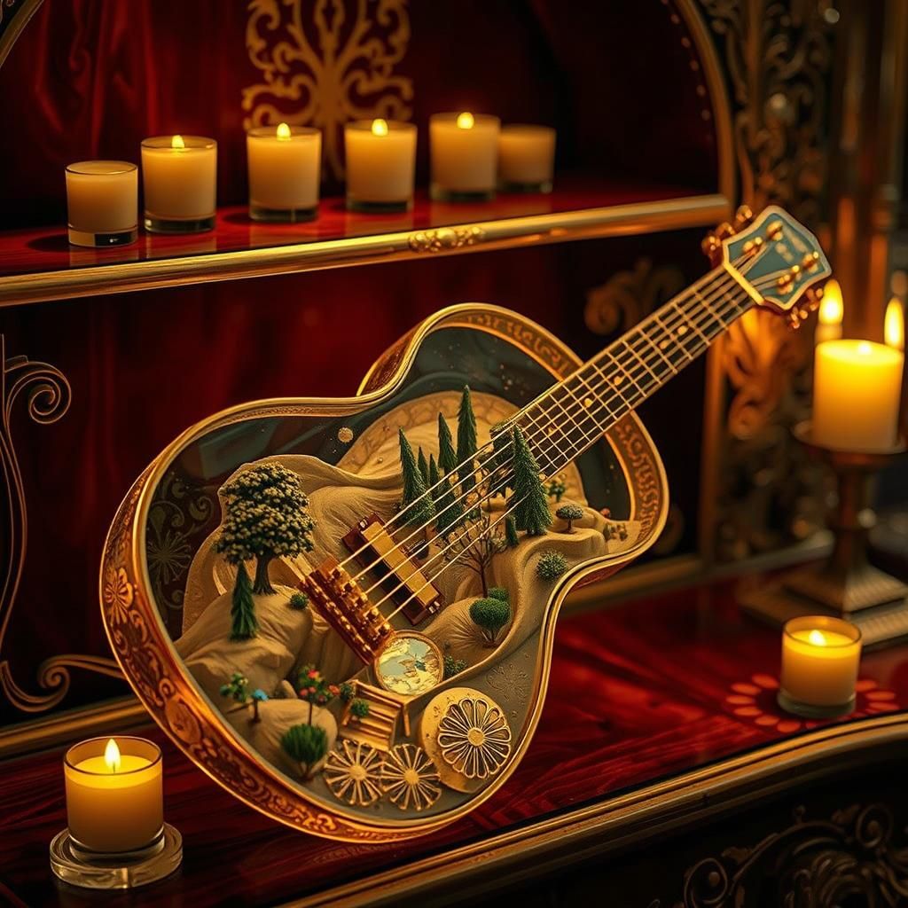Ornate Golden Glass Guitar with Miniature World