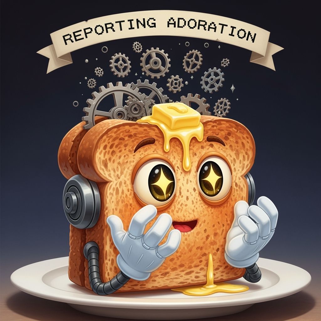 Animated Toast Robot Reporting Adoration in Whimsical Style
