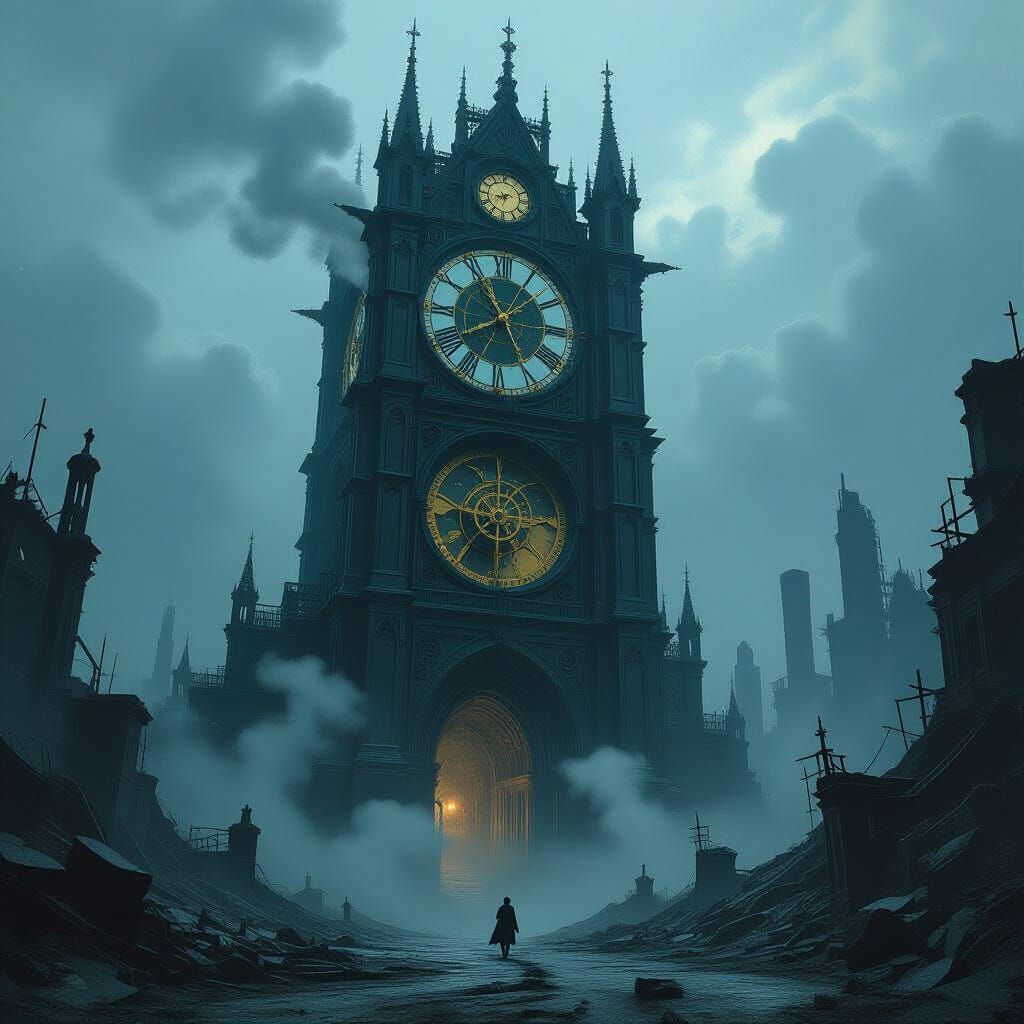 Gothic Clock Tower in Dark Fantasy Wasteland