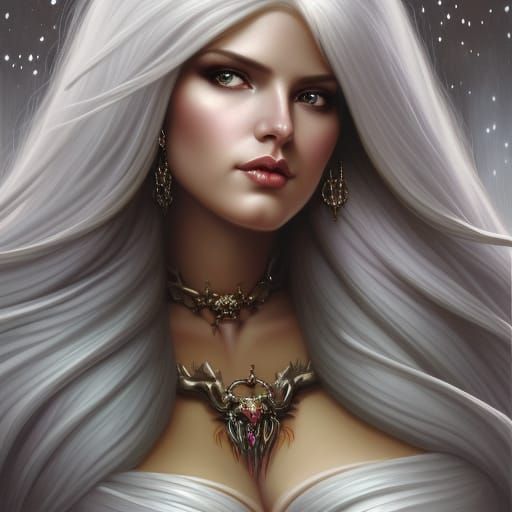 Ethereal Woman with White Hair in Snowy Landscape
