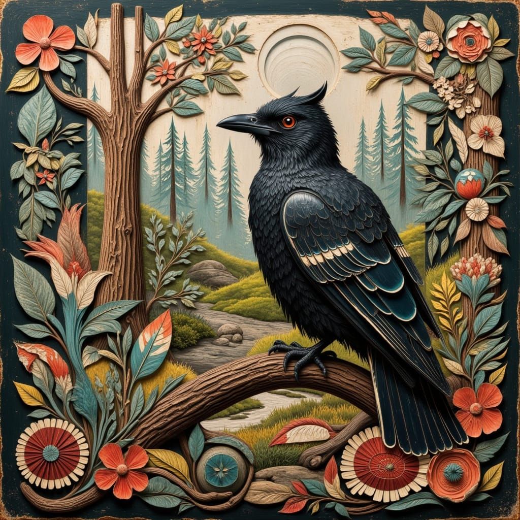 Ancient Raven in Faded Forest Lore