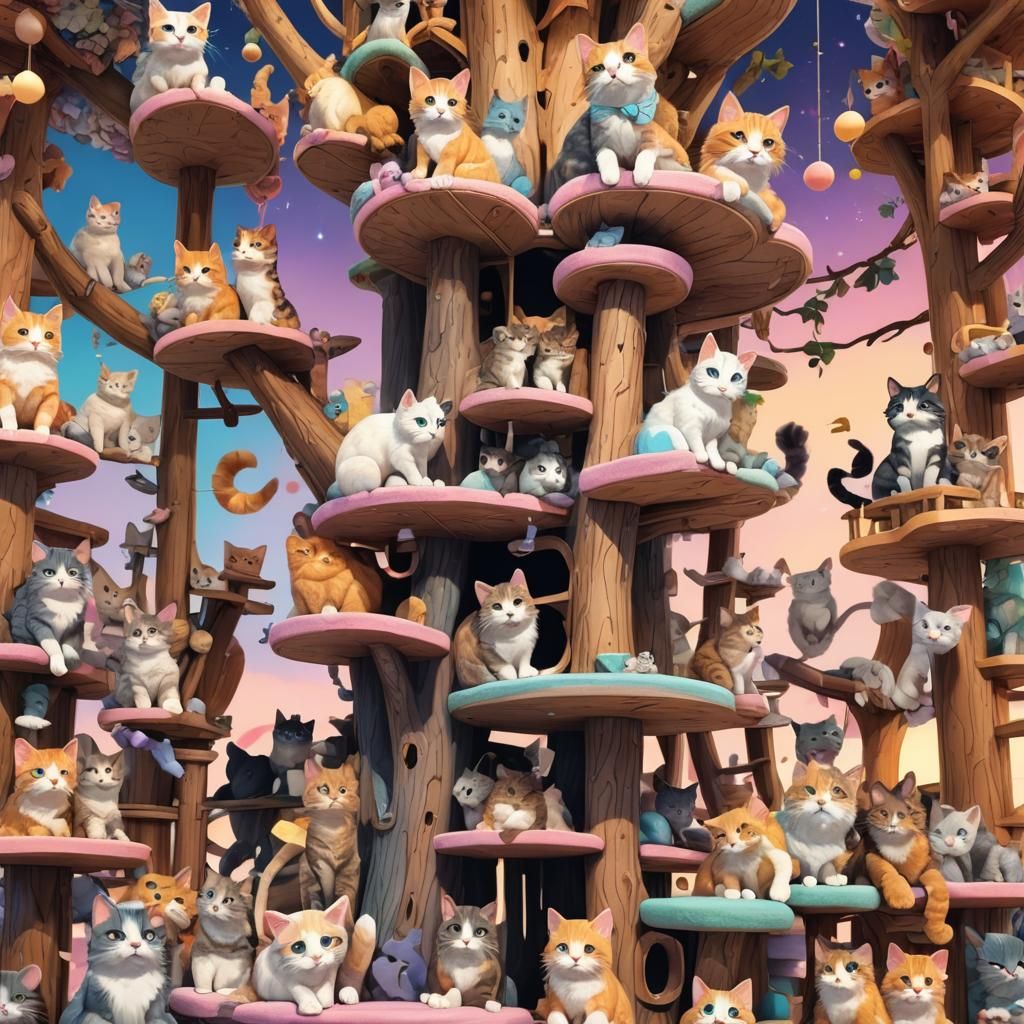 Colorful Cats Play on Whimsical Cat Tree as 3D Anime
