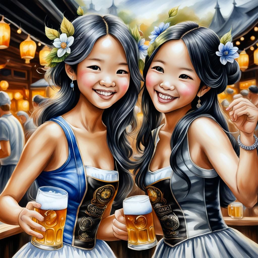 Women Celebrate at Beer Fest in Watercolor Style