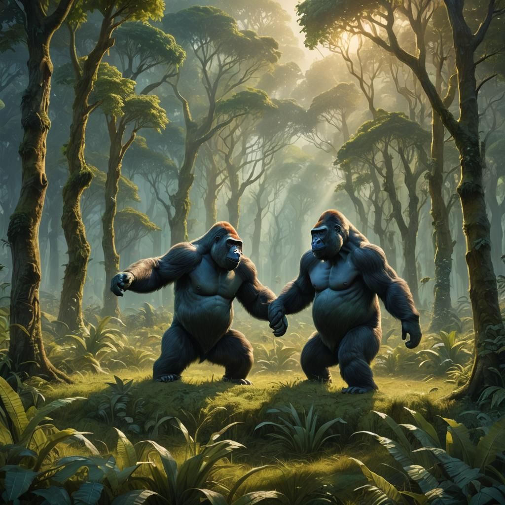 Giant Gorillas Dancing in Dreamy Forest, Fantasy Art