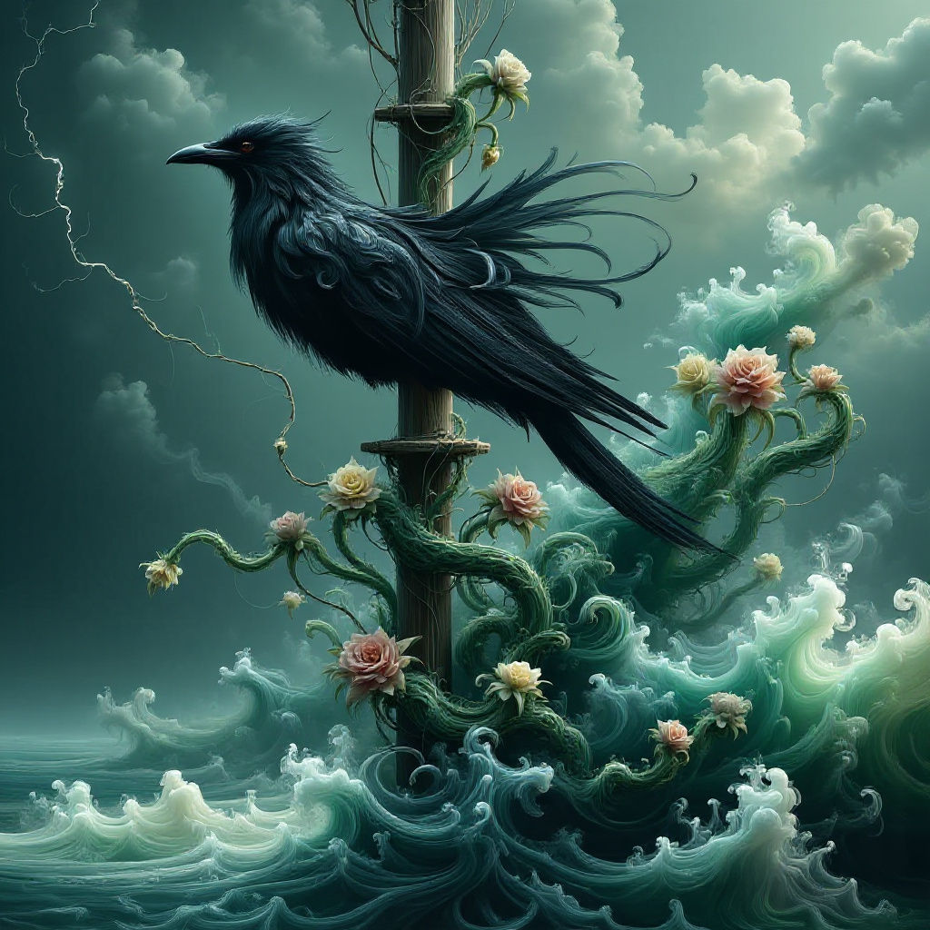 Crow Amidst Tentacles on Stormy Sea, in Dark Fantasy Style