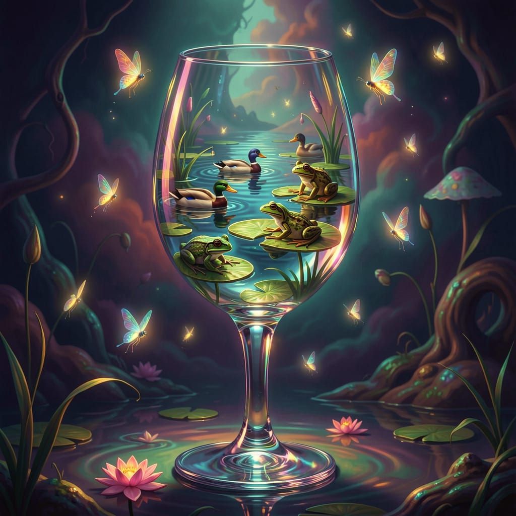 Surreal Pond Ecosystem Within Crystal Wineglass