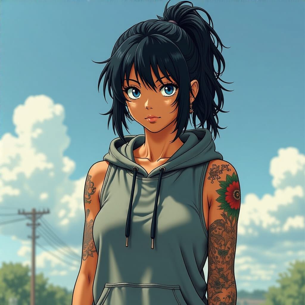 Anime Woman in Sleeveless Hoodie