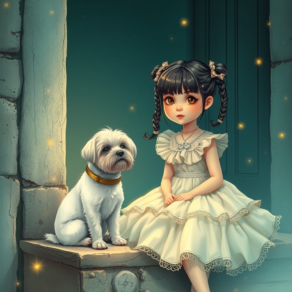 Dreamlike Scene of Girl and Dog on Doorstep in Eerie, Golden...