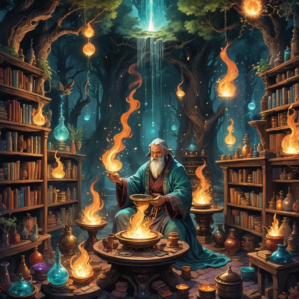 Mystical Alchemist in Moonlit Forest: Fantasy Concept Art