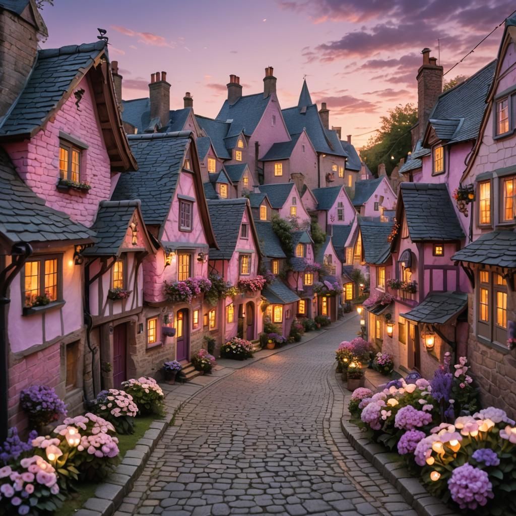 Enchanting Village Street at Dusk in Fantasy Style
