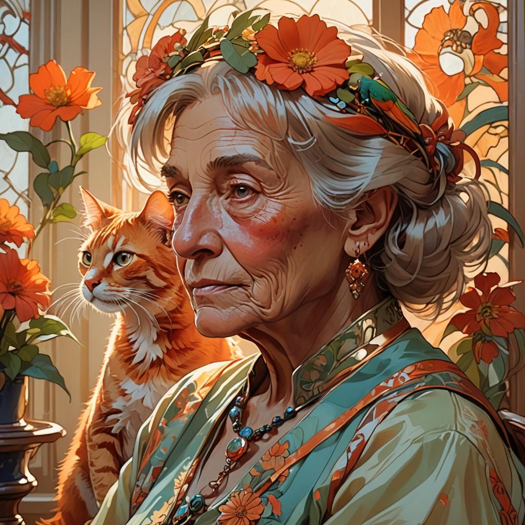 Elderly Woman Reminiscing with Parrot in Art Nouveau Style