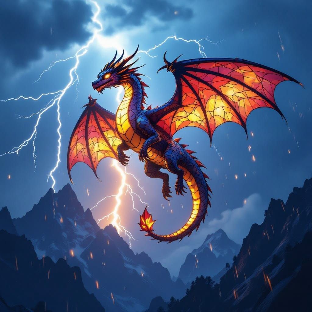 Stained Glass Dragon Soars Through a Turbulent Thunderstorm