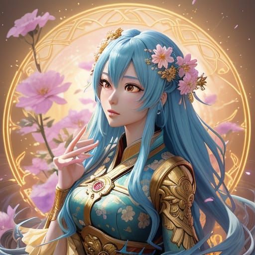 Anime Goddess Surrounded by Glowing Flowers in Golden Hour