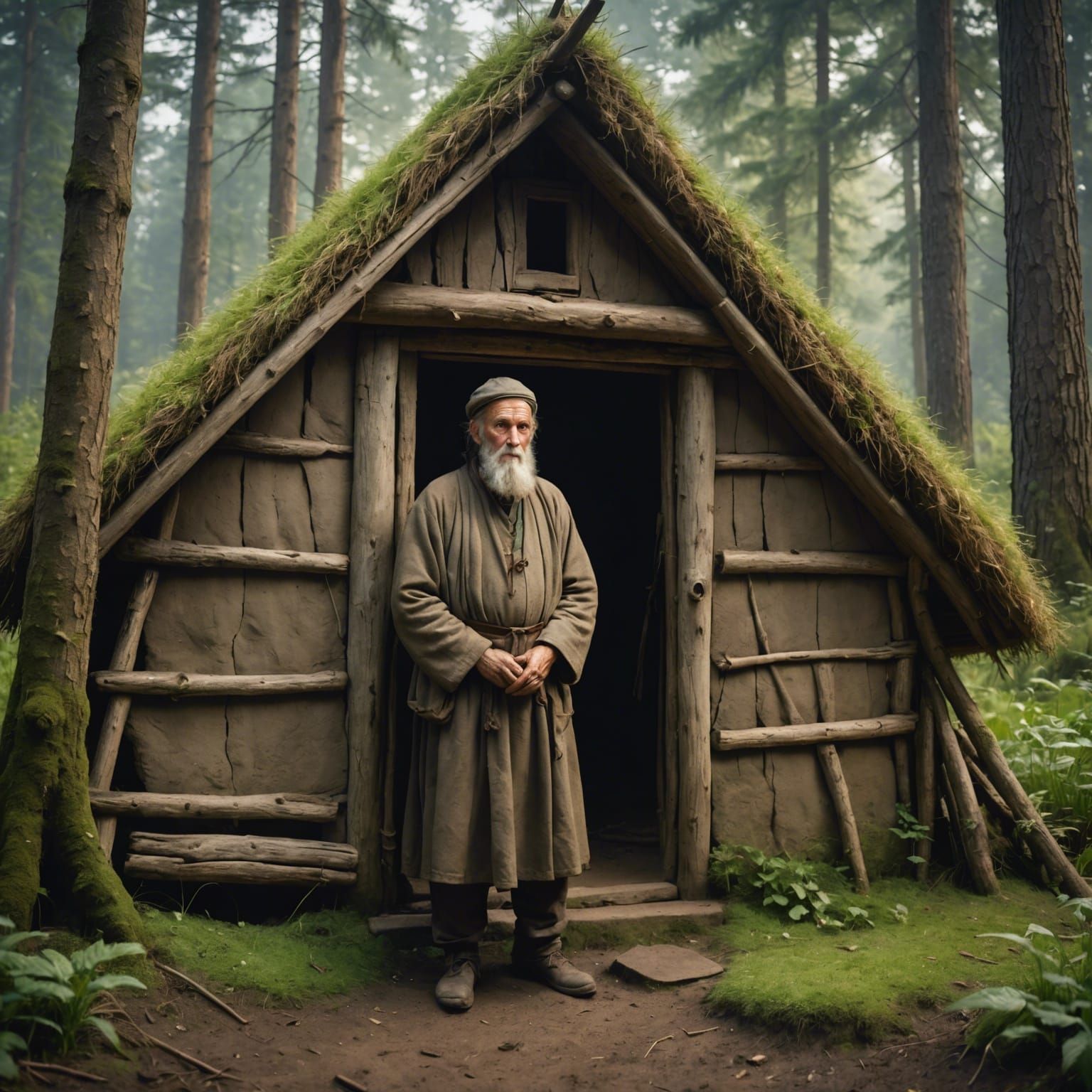 Realistic Hermit in Forest Hut, 8K