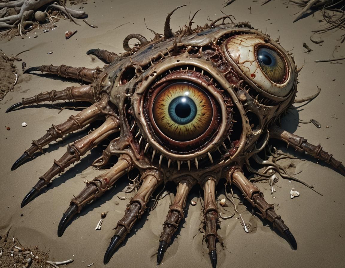 Hyperrealistic Decaying Insectoid Carcass on Beach