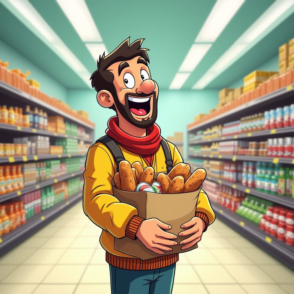 Joyful Syrian Man Shops in Vibrant Supermarket