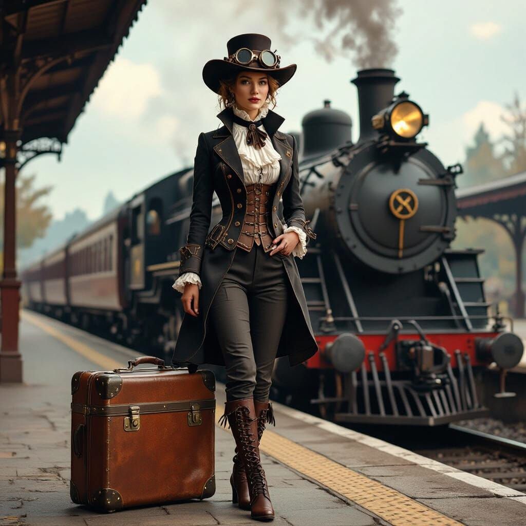 Steampunk Woman on Train Platform in Retro-Futuristic Style