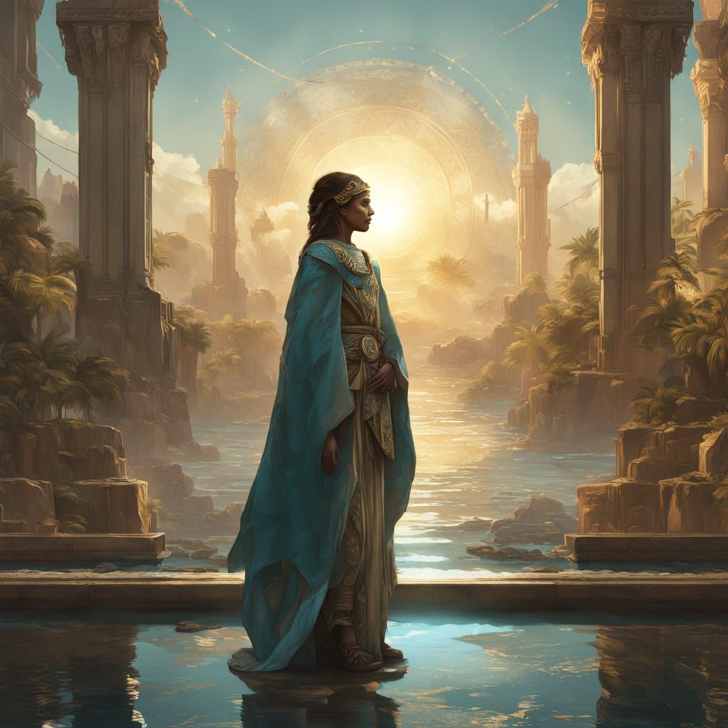 Egyptian Priestess at Twilight in Alphonse Mucha Style