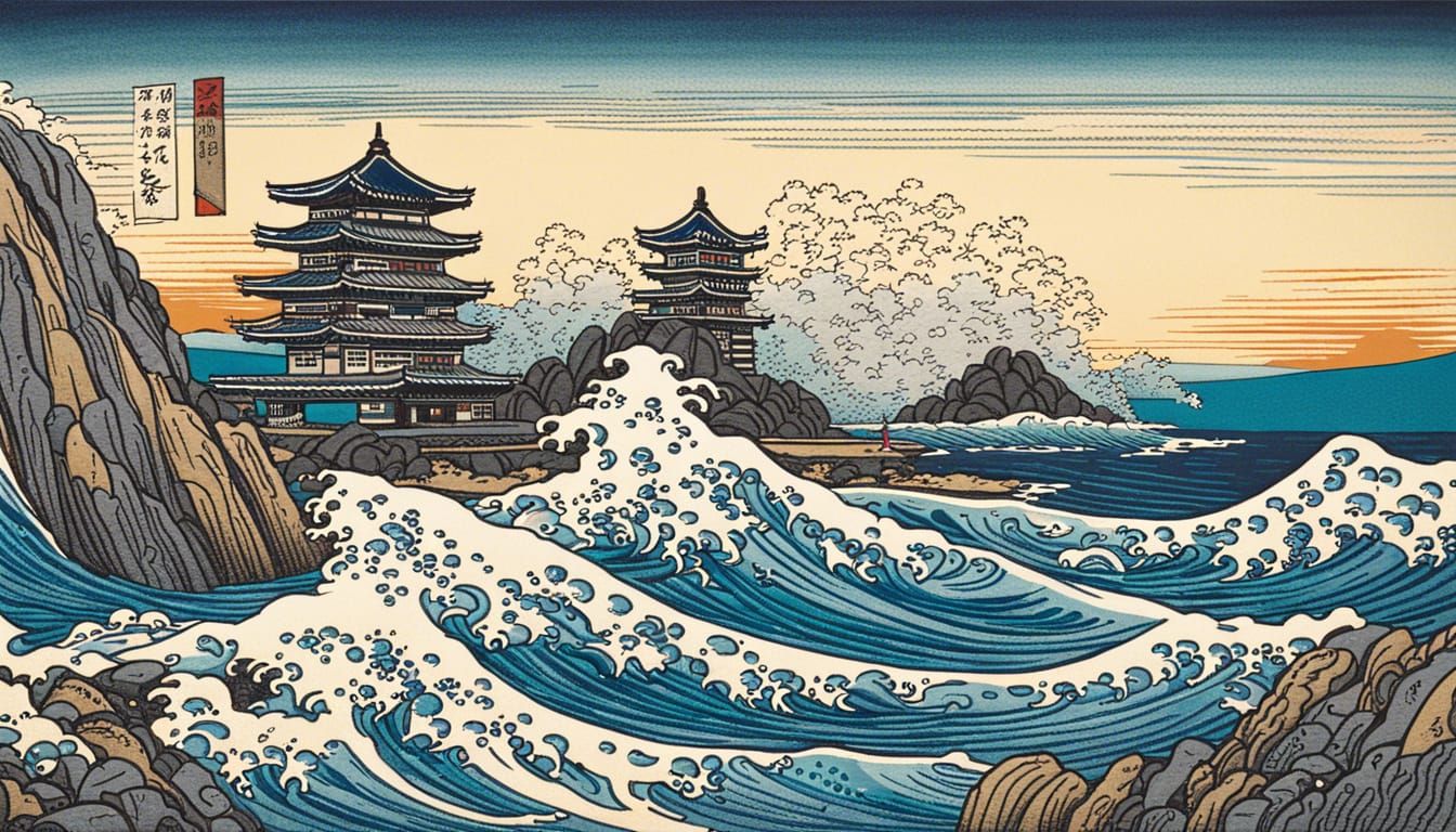 Spaceship Launch in Korean City: Ukiyo-e Style