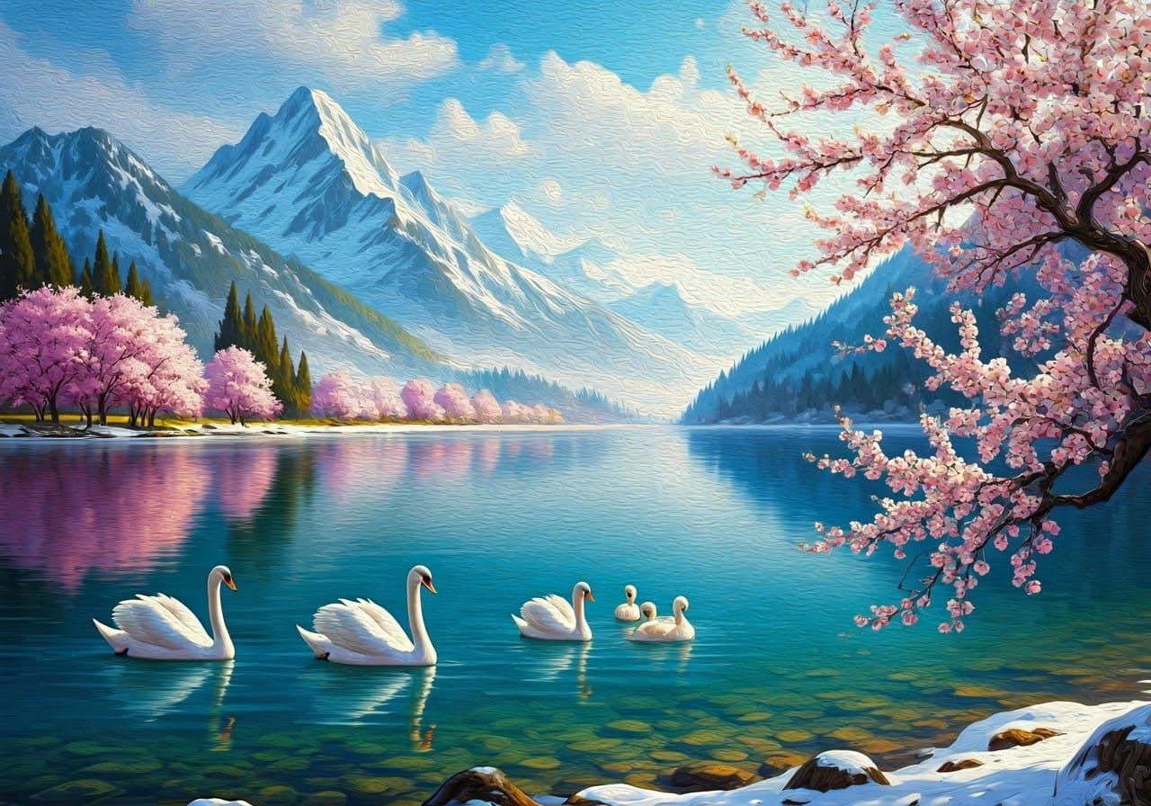 Serene Winter Wonderland with Snowy Mountains, Glowing Swans...