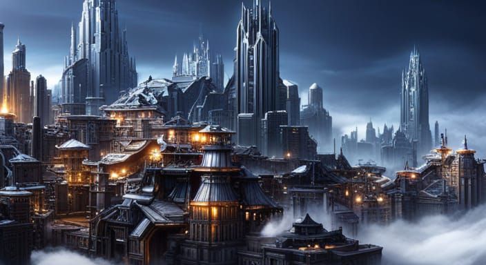 Futuristic Flying City in Clouds at Night