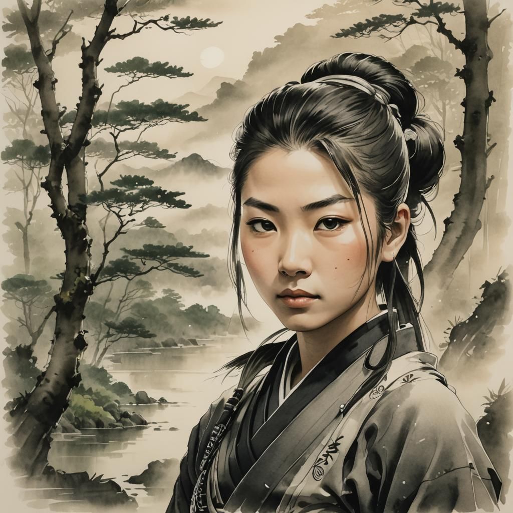Ibuki in Sumi-e Style with Verdant Landscape