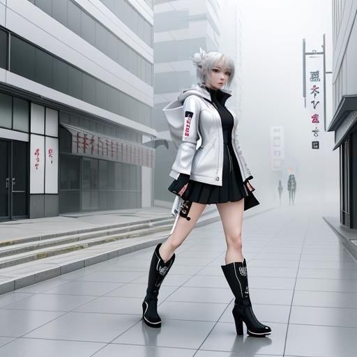 Foggy Anime Cityscape with Girl in Silver, 3D Rendered