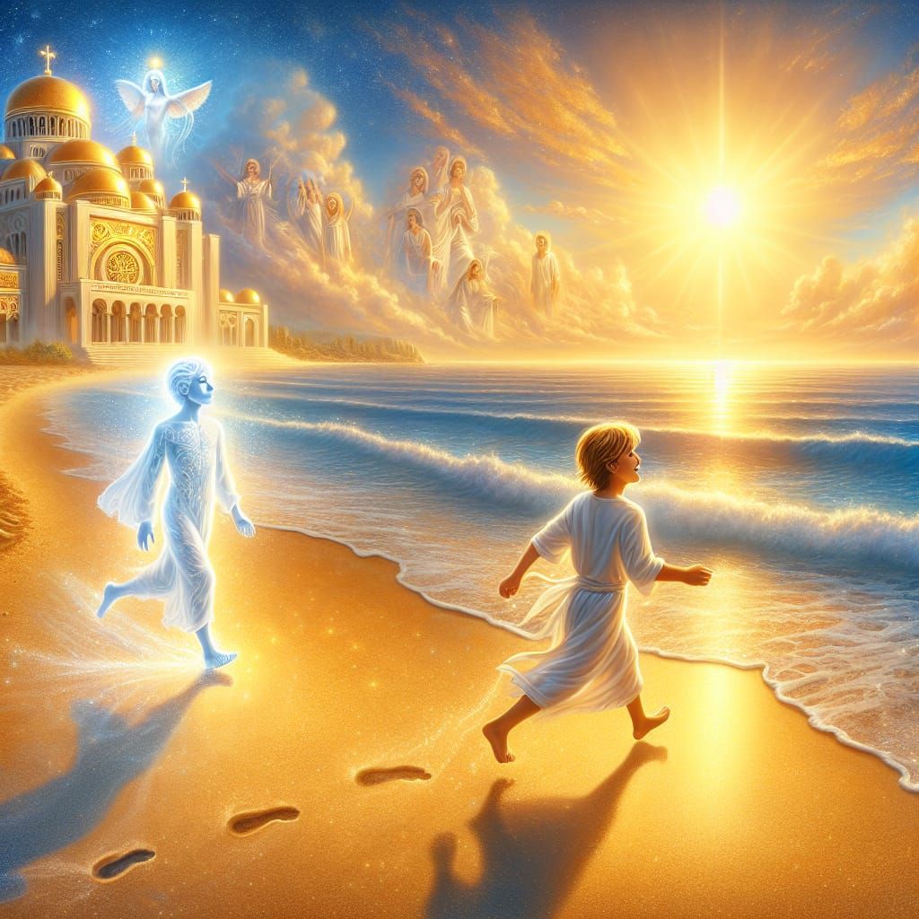 Boys Running on Sunlit Beach with Temple