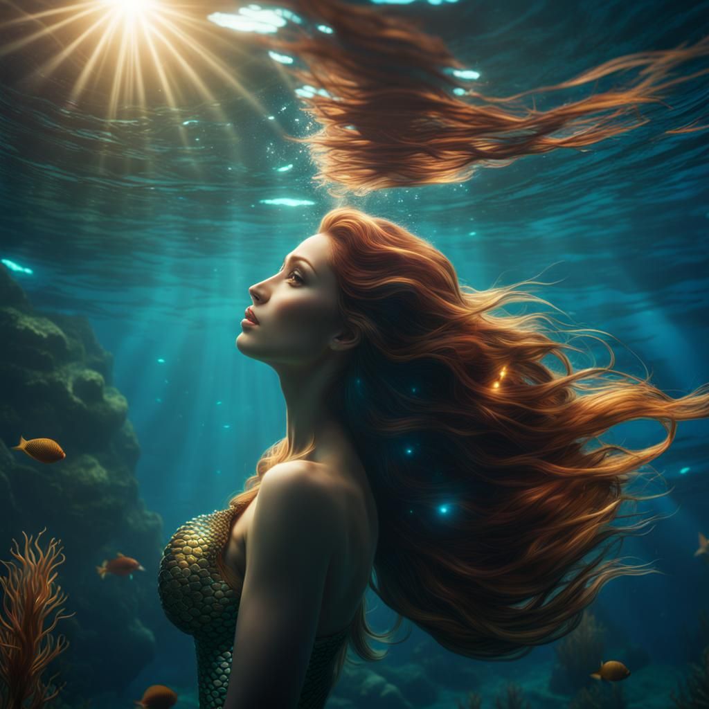 Ominous Mermaid Floating Above in Deep Water
