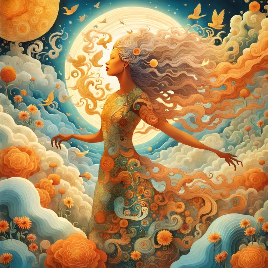 Dancing Woman in Surreal Sun and Moon Clouds