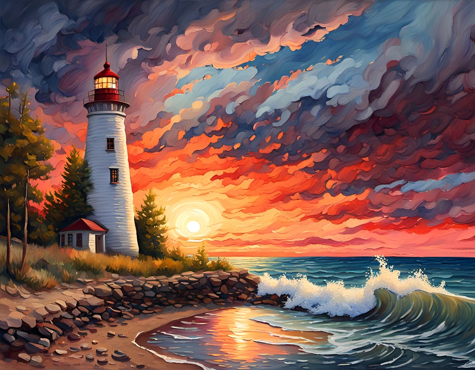 Beach Sunset Gouache Painting with Lighthouse