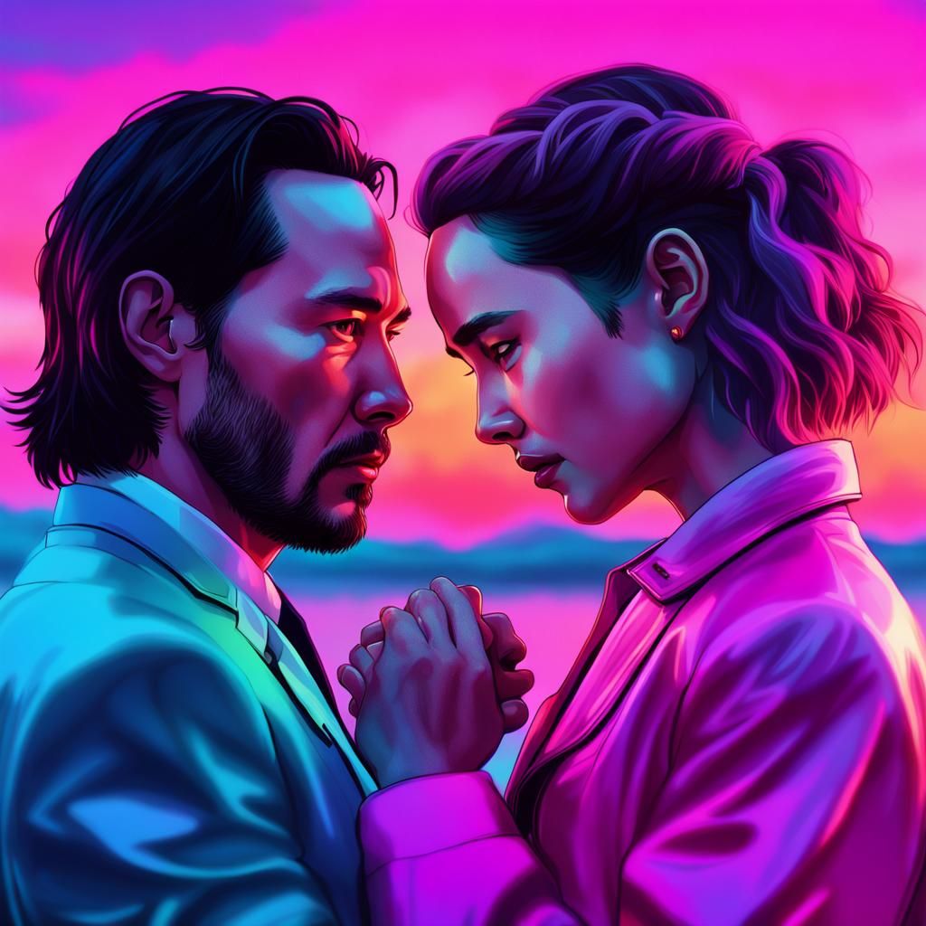 Keanu Reeves and Emilia Clarke in Synthwave Sunset