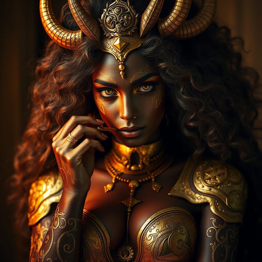 Divine Goddess with Bronze Skin and Golden Adornments