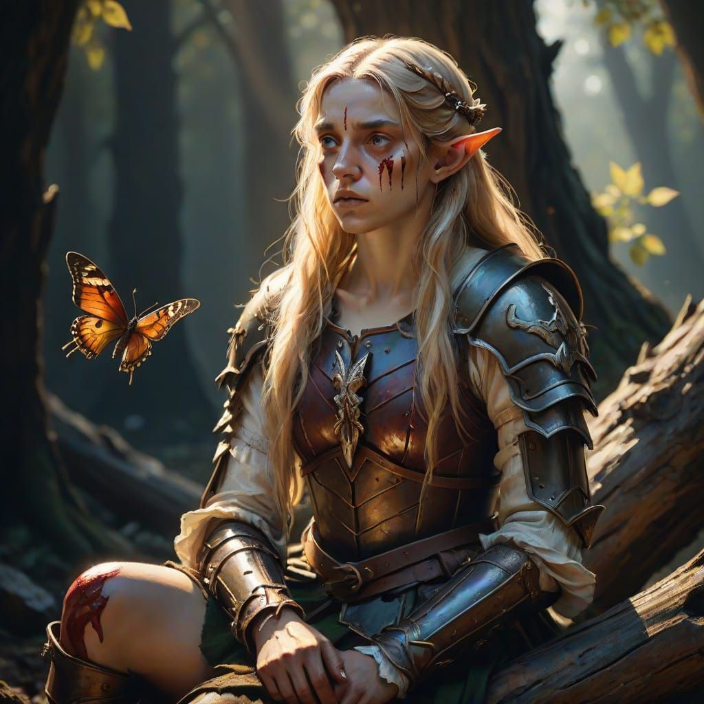 Tenebrism Oil Painting of a Weary Female Elf Warrior