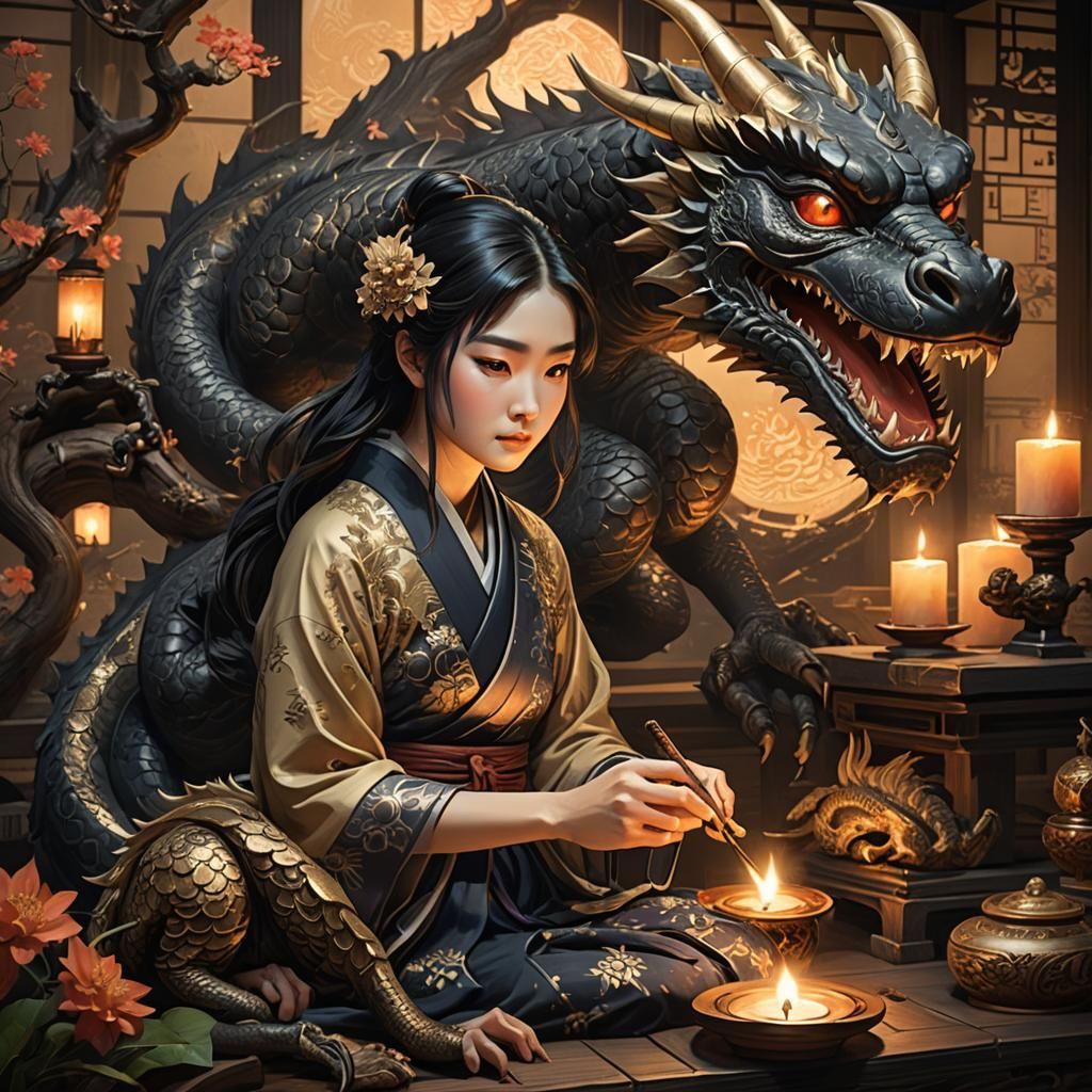 Elf Ninja Woodblock Print with Dragon, Fantasy Art