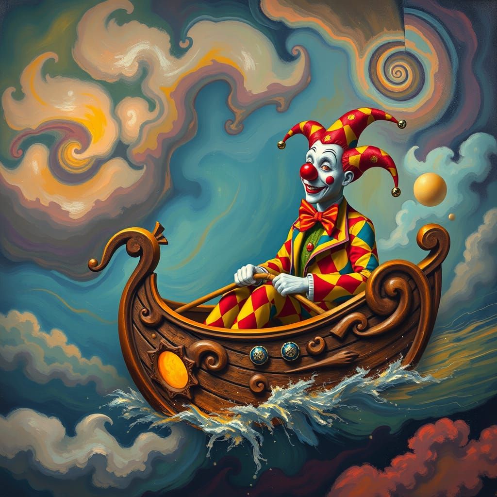 Clown Rows a Flying Boat in Dreamlike Sky