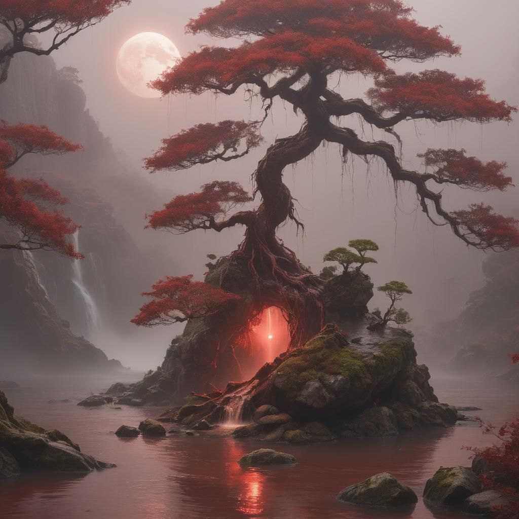 Dystopian Blood Red Bonsai in Watery Oasis