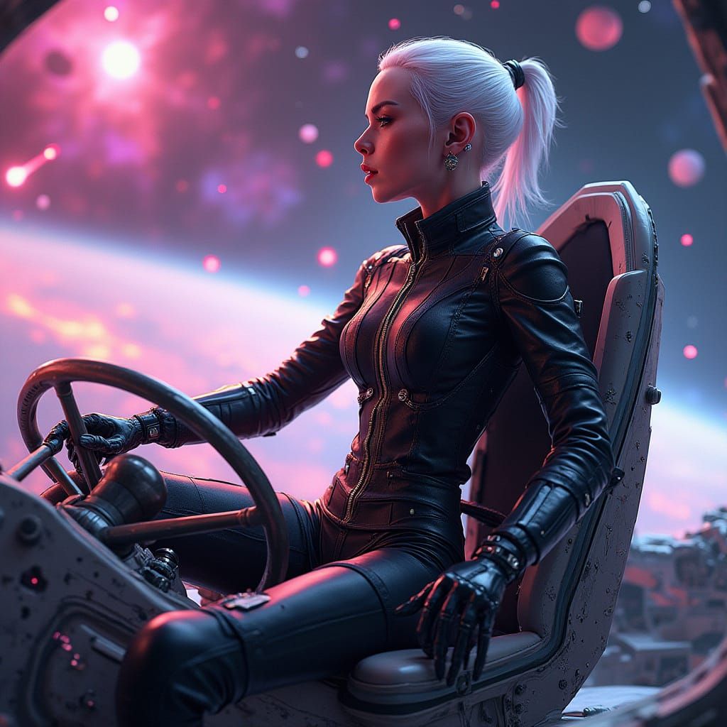Cyborg Woman Commands Spaceship in Neon Sci-Fi Style