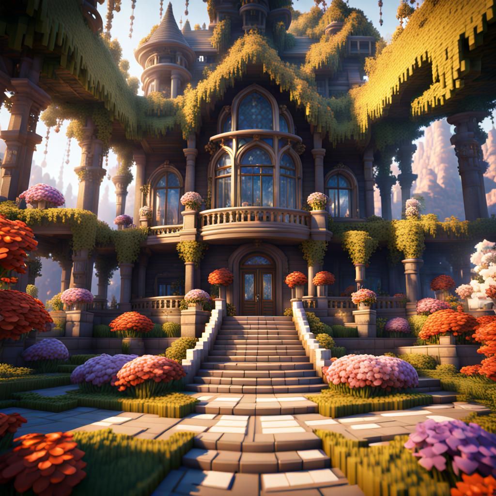 Winter Oasis Minecraft Mansion: Detailed Digital Painting