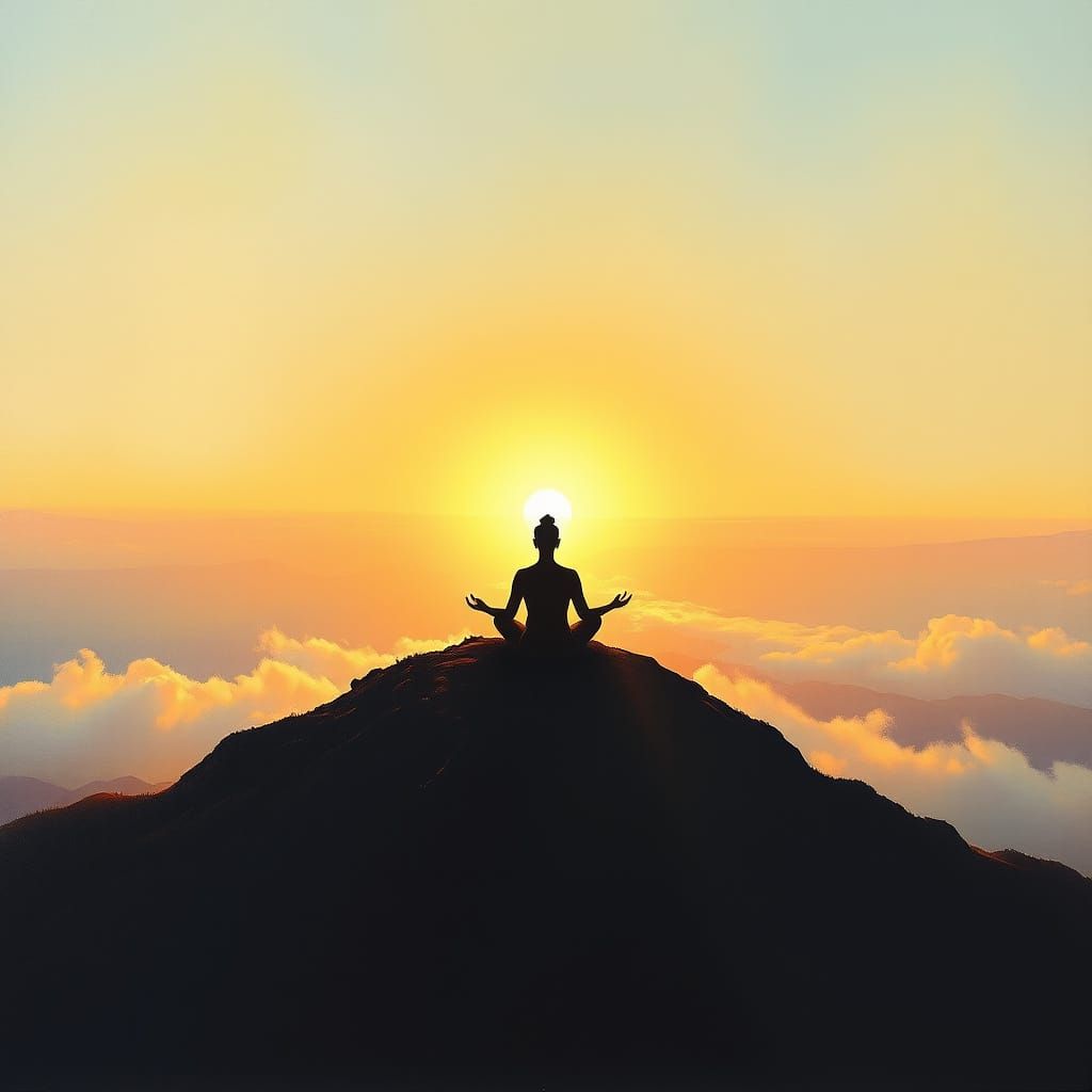 Meditating Figure at Dawn on Mountaintop in Impressionistic ...