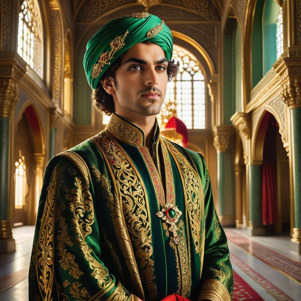 Regal Persian Prince Portrait in Miniature Style