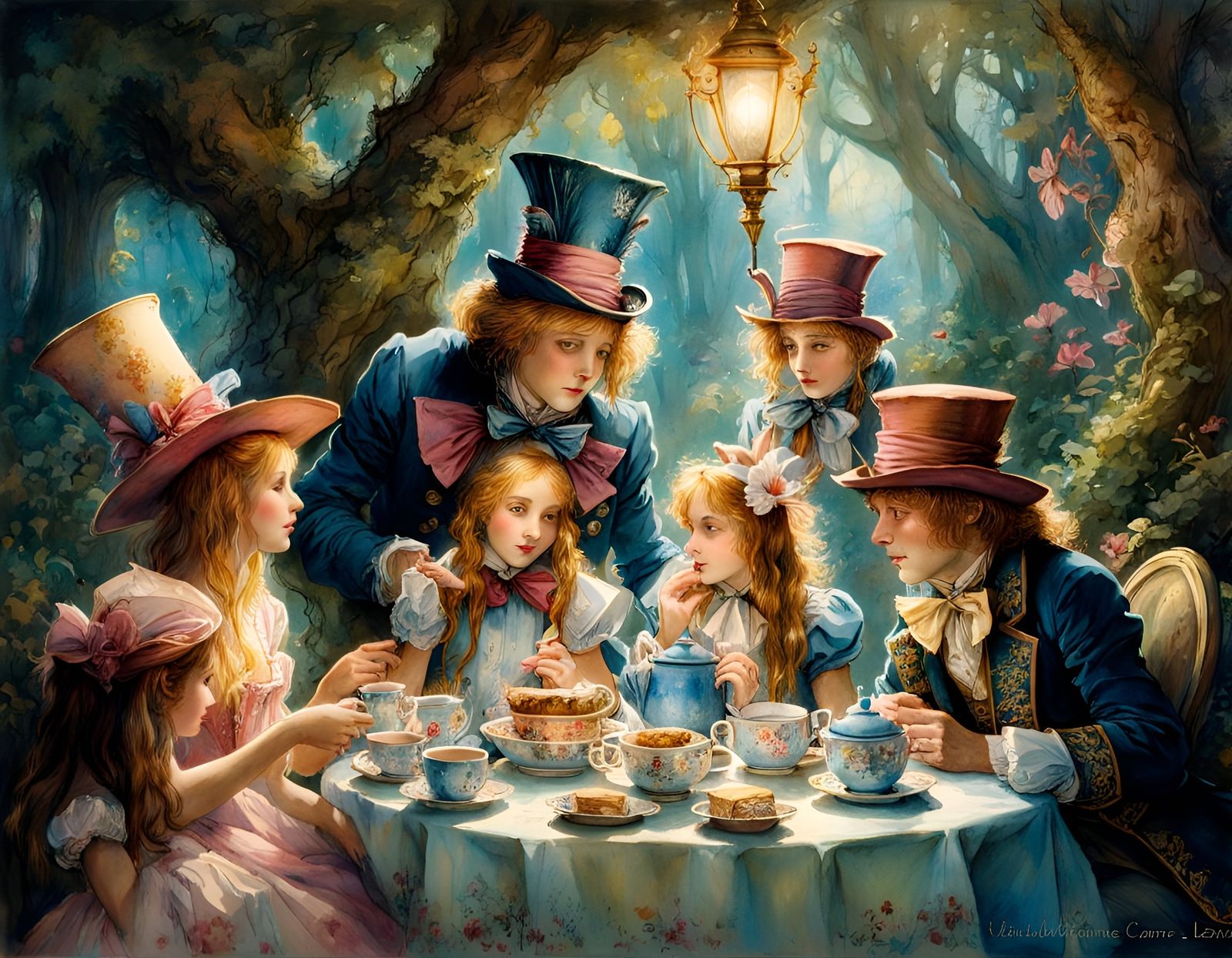 Alice's Tea Party: A Waterhouse-Style Watercolor