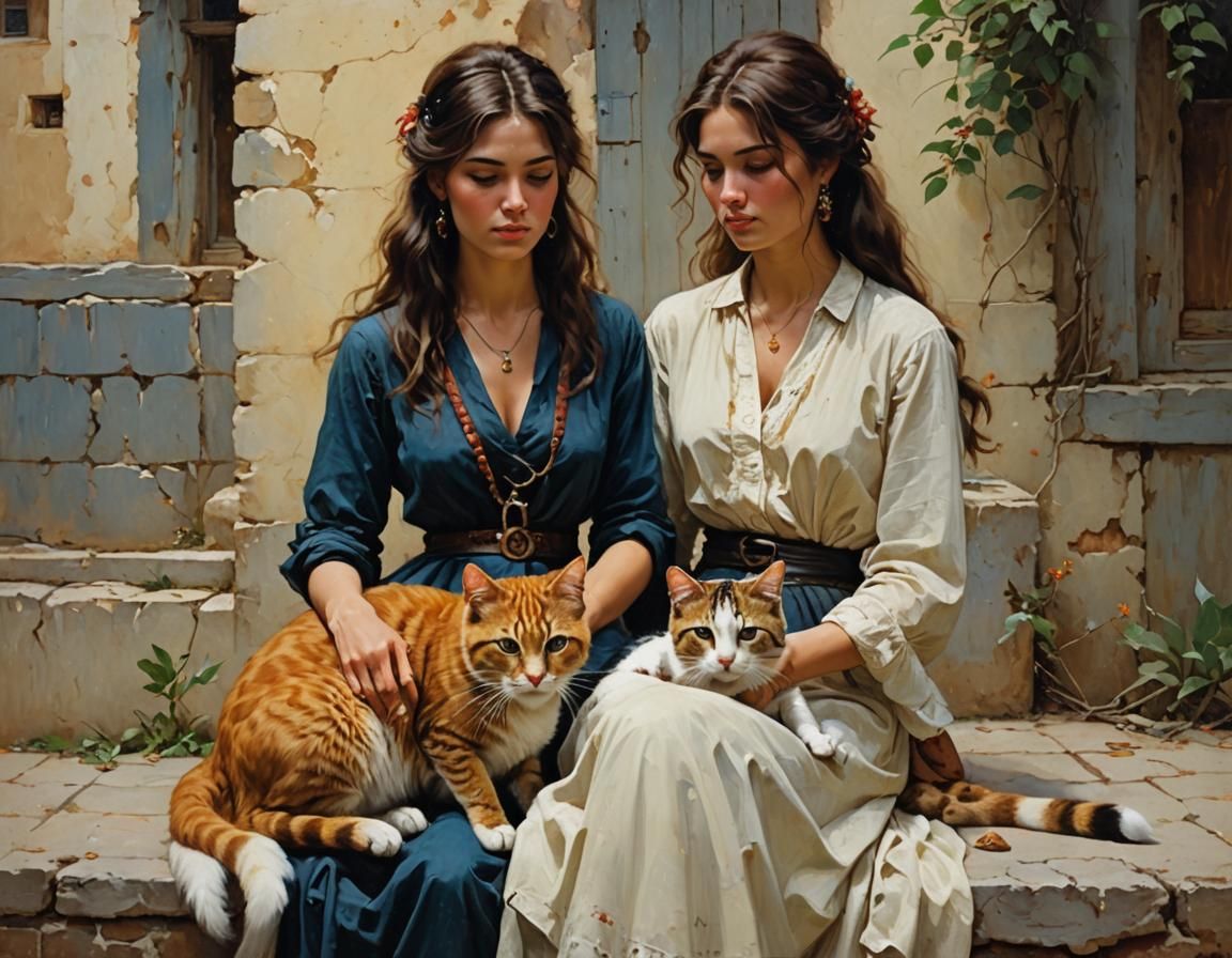 Woman and Cat in Oil Painting Style