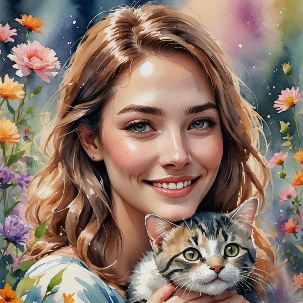 Woman with Kitten in Watercolor Impressionism