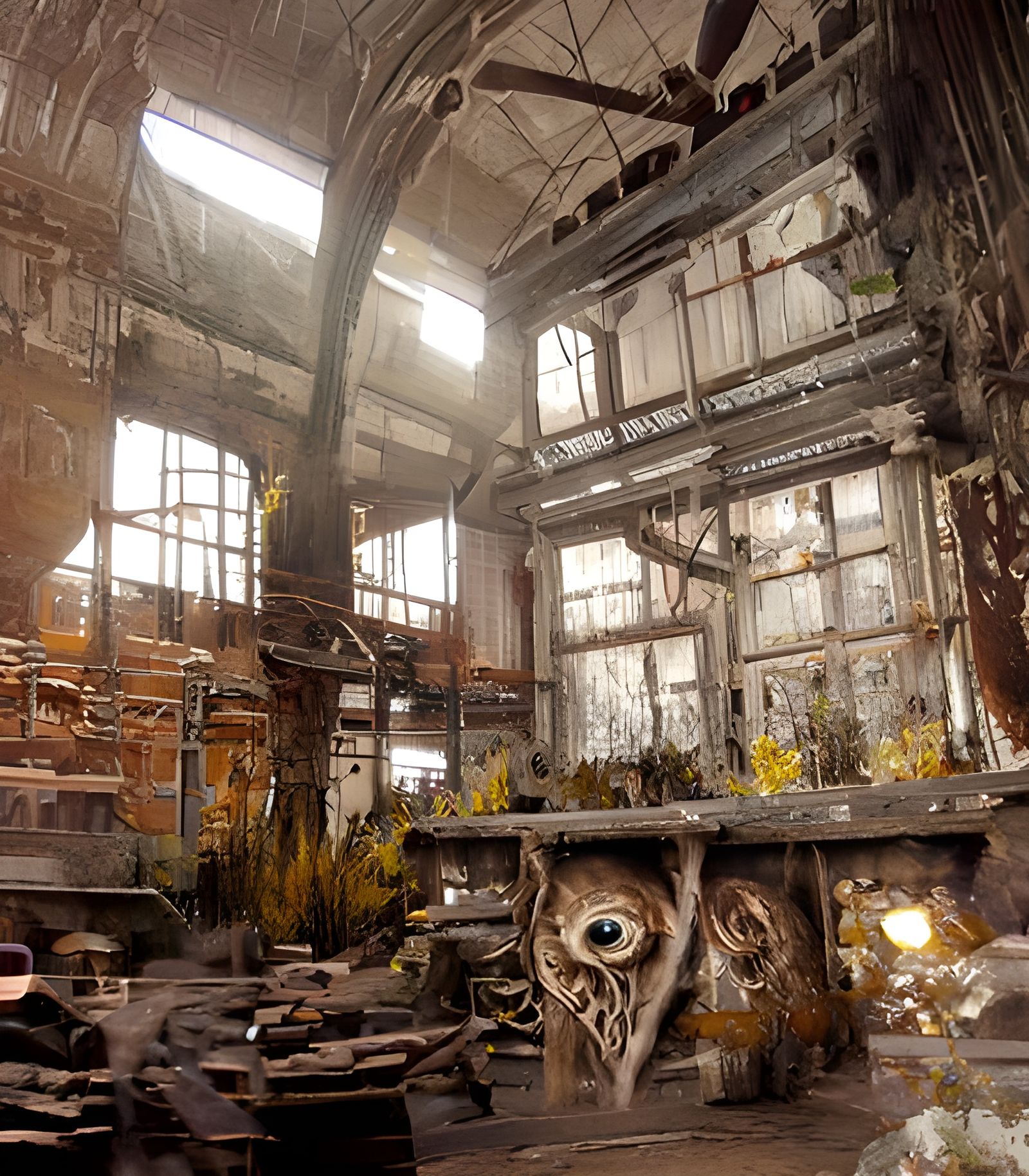 Creepy Owl Demons in Derelict Factory, Gothic Art