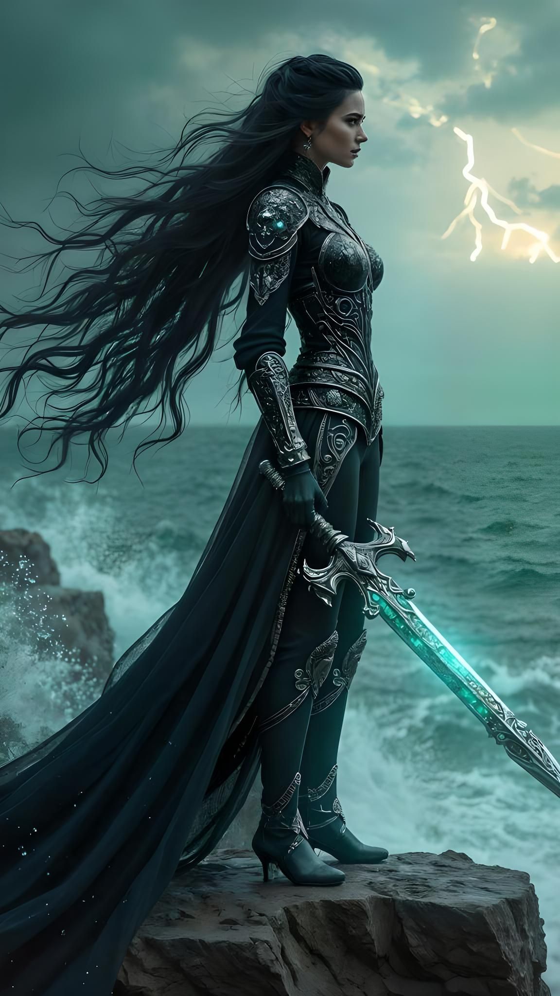 Warrior Princess on Windswept Cliff: Stormy Ocean Scene